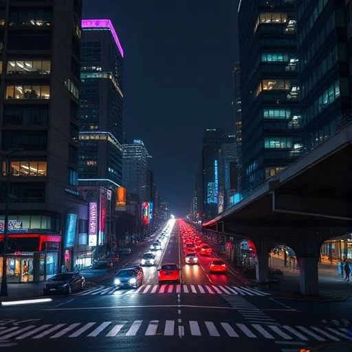 A close-up, abstract photographic composition of a stunning, modern light art installation in an urban-like setting. Complex geometric light patterns and reflective surfaces multiply vibrant electric cyan, deep magenta, and glowing orange lights against a deeply muted, dark background of blurred architectural elements. No visible human figures.